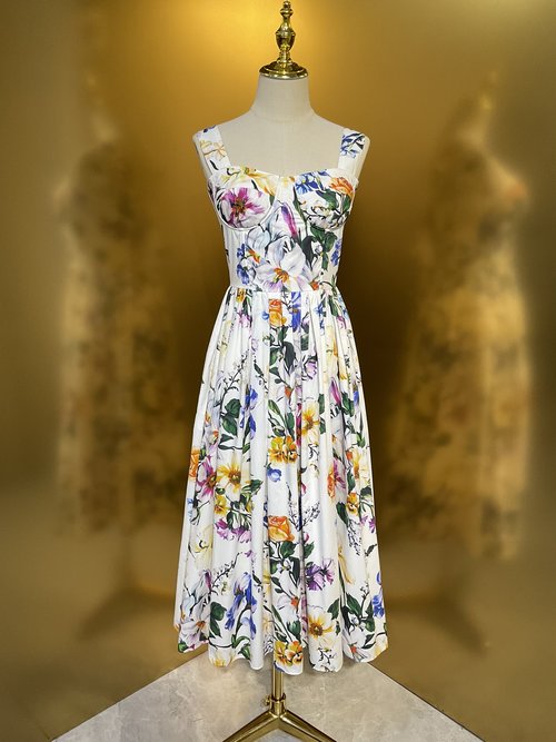 Dolce & Gabbana Cotton Waist-Contracted Gathered Strappy Dress with White Lily Pattern