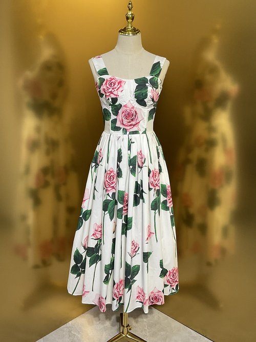 Dolce & Gabbana Cotton Waist-Contracted Gathered Strappy Dress with Single Rose Pattern