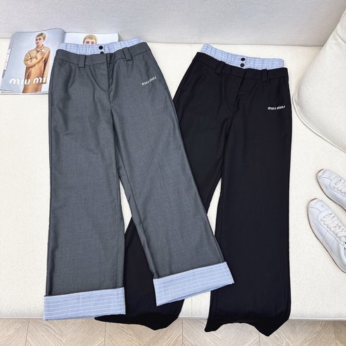 Miu Miu Two-Tone Straight-Leg Trousers with Logo