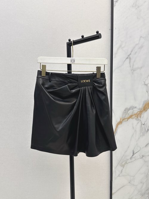 Loewe Vintage Modern Leather Skirt with Hand-Gathered Side Drapes and Slim Fit