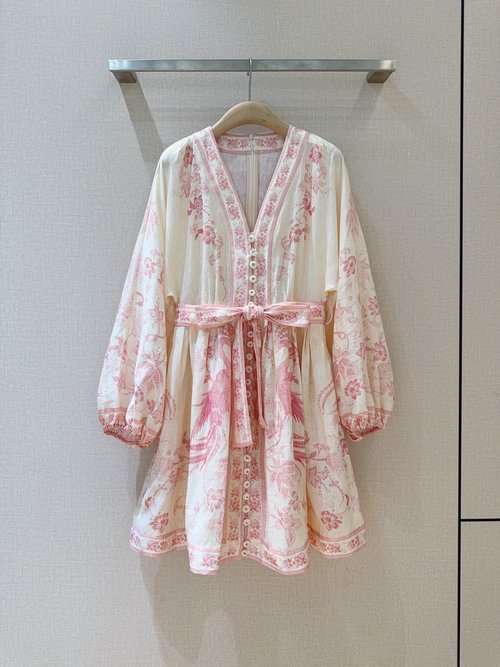 Zimmermann Pink Multi-Floral Deep V-Neck Long Sleeve Mini Dress