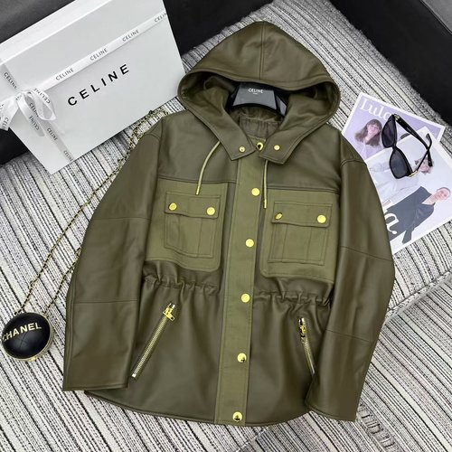 Celine Recommended Spliced Windbreaker Lambskin Hooded Trench Coat