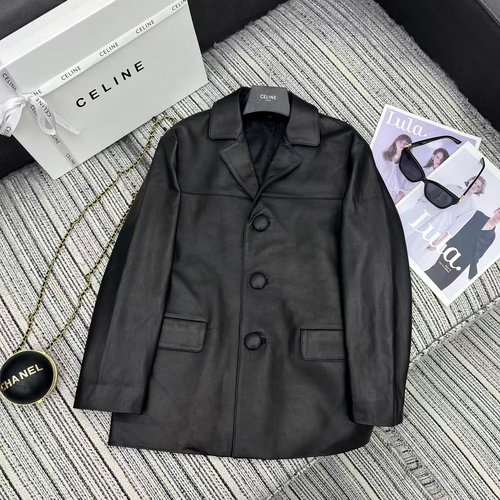Celine New Lapel Blazer Lambskin Jacket, Covered Button Design, Simple Style, Jacquard Lining