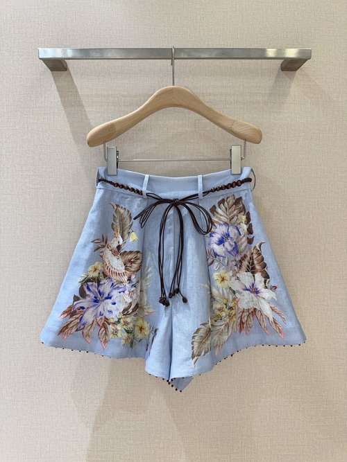 Zimmermann Blue Ruffled Linen Shorts with Beaded Drawstring and Pocket