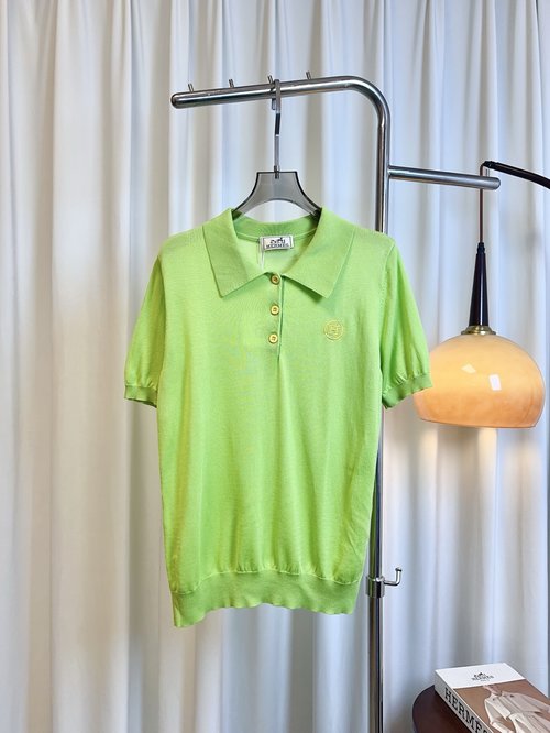 Hermes Custom Tencel Wool T-shirt with Twisted Four-Color Embroidered Logo