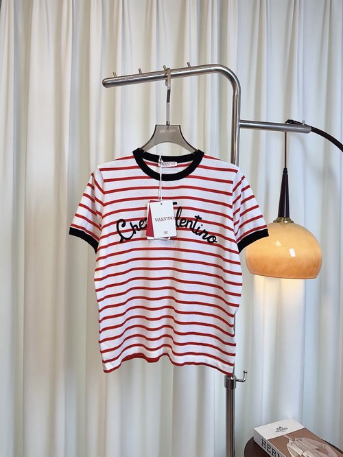 Valentino Custom Woven Silk Blend Short Sleeve Top with Letter Logo and Color Blocking, Elegant Style