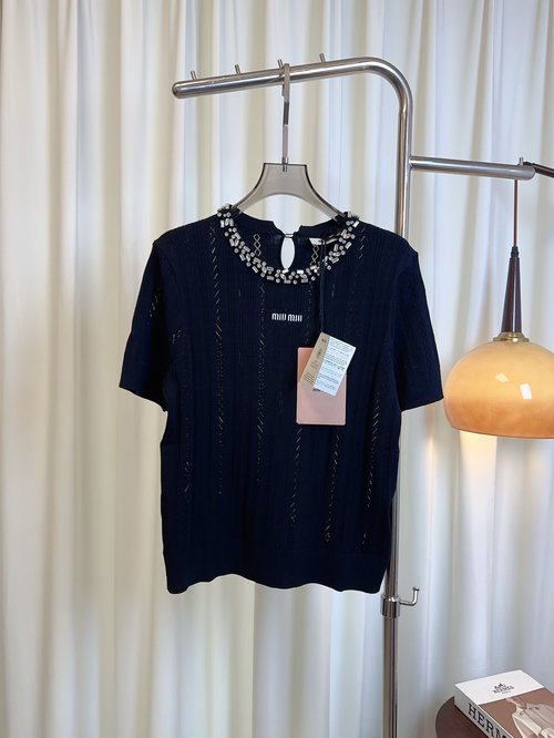 Miu Miu Custom Woven Tencel Wool Top with Hand-Beaded Diamond Collar