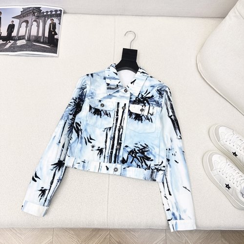 Dior Vacation-style Printed Denim Jacket with Custom Decor