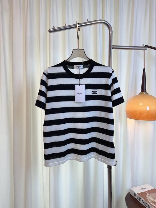 Celine Custom Woven Wool Top with Arch Logo Stripe, Comfortable and Sophisticated Design