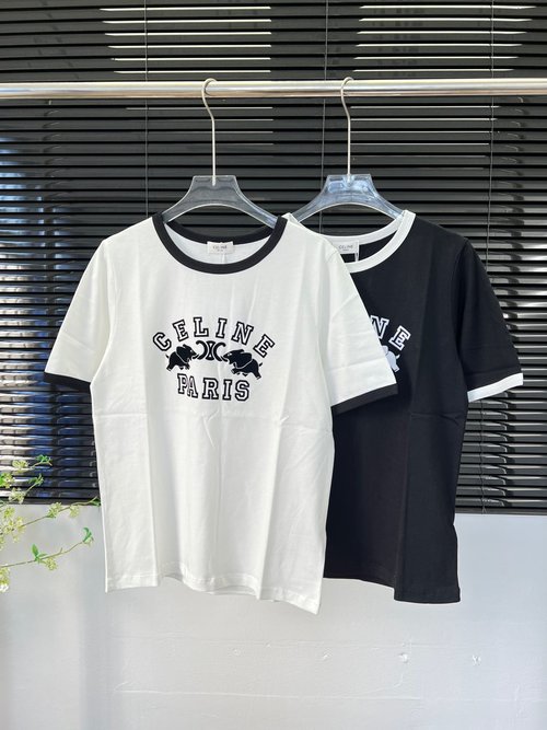 Celine Two-Tone Elephant Flocked Collar Short-Sleeved T-Shirt