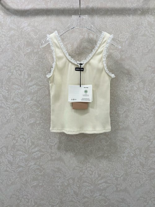 Miu Miu Lace - Trimmed Ribbed Vest with Logo and Vertical Stripes
