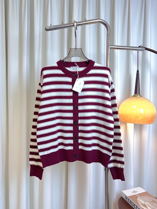 Brunello Cucinelli Custom Gold Thread Wool Cardigan with Striped Pattern, Exuding Luxury