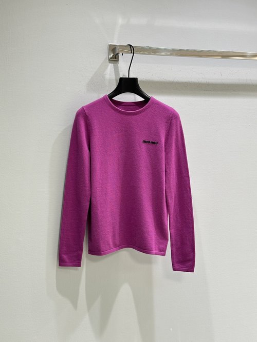 Miu Miu Thin Knitted Top with Ribbed Neck and Embroidered Logo