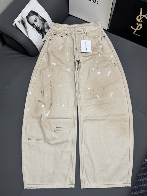 Acne Studios Straight Loose Ripped Pants with Rear Leather Bag, Vintage