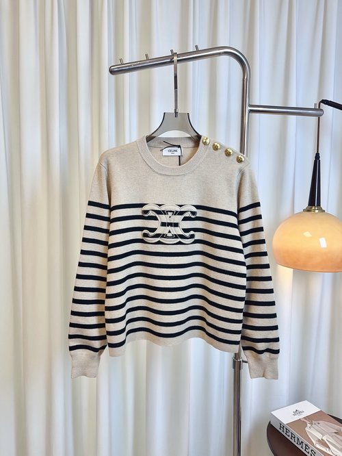 Celine High-quality Embroidered Arch Logo Stripe Wool Top