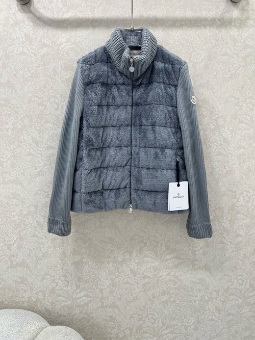 Moncler Stand Collar Wool Knit Patchwork Fleece Down Jacket, 90 Goose Down, Invisible Pocket