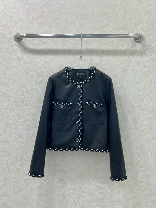 Chanel Leather Coat with Black and White Binding, Stylish and Sophisticated