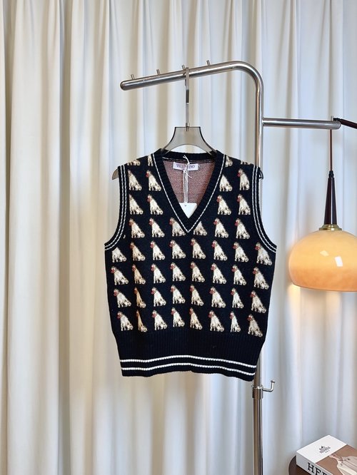 Valentino Classic College-Style V-Neck Wool Vest with All-Over Logo