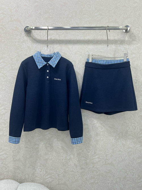 Miu Miu Blue Checked Suit with Logo Embroidery, Loose - Fitting and Slimming