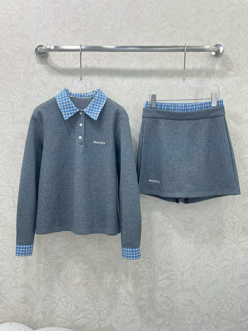 Miu Miu Blue Checked Suit with Logo Embroidery, Loose - Fitting and Slimming