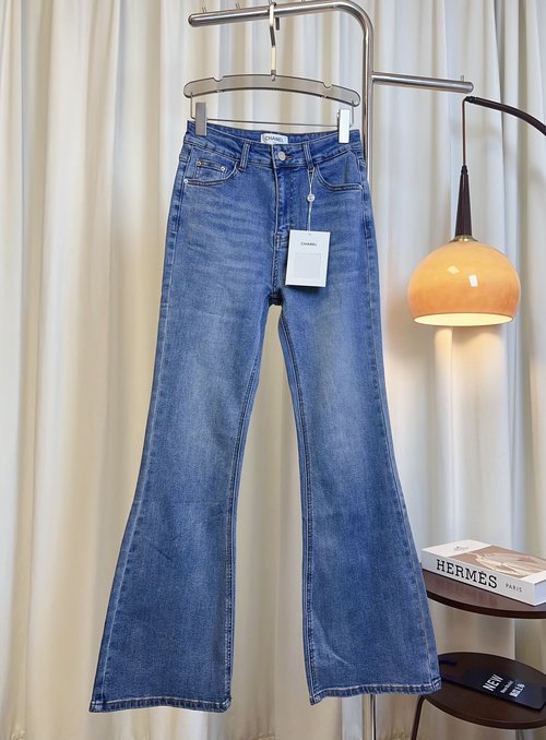 Chanel Leopard Embroidered Logo Flare Jeans, Elastic and Elegant