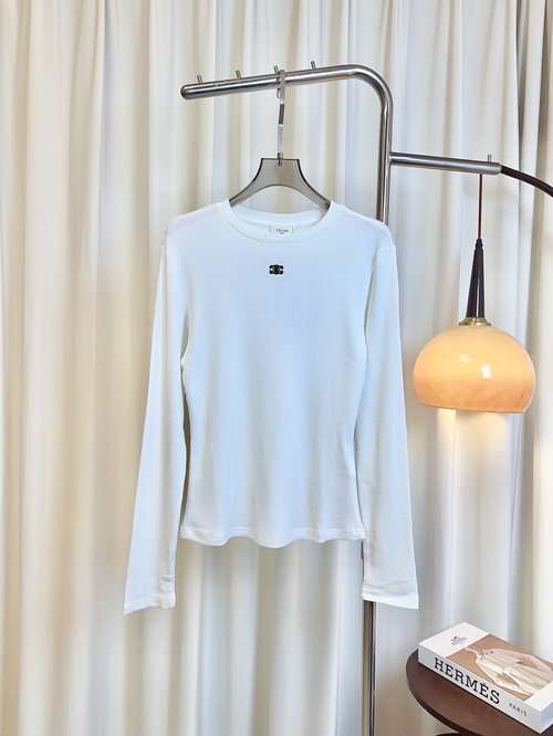 Celine Embroidered Logo Slim-Fit Long-Sleeved T-Shirt, Comfortable and Versatile