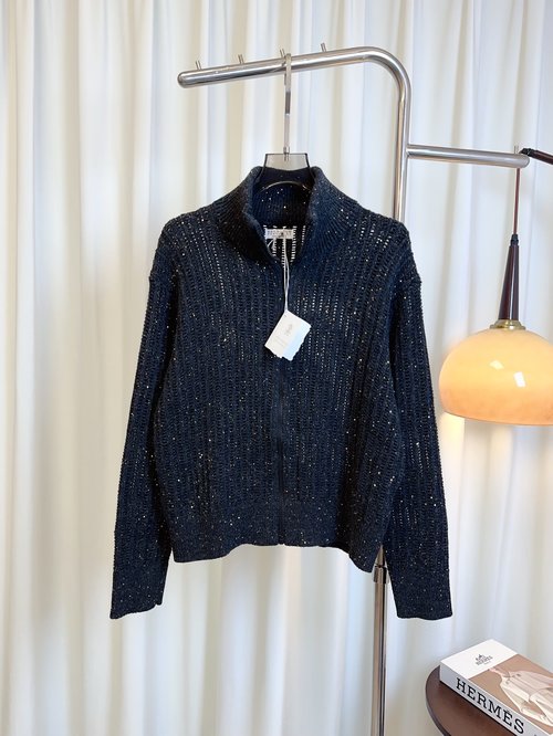 Brunello Cucinelli Sophisticated Wool Zip-Up Cardigan with All-Over Sequined Embroidery
