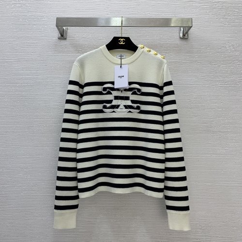 Celine Elegant Custom Knit Top with Arch Logo & Striped Detail