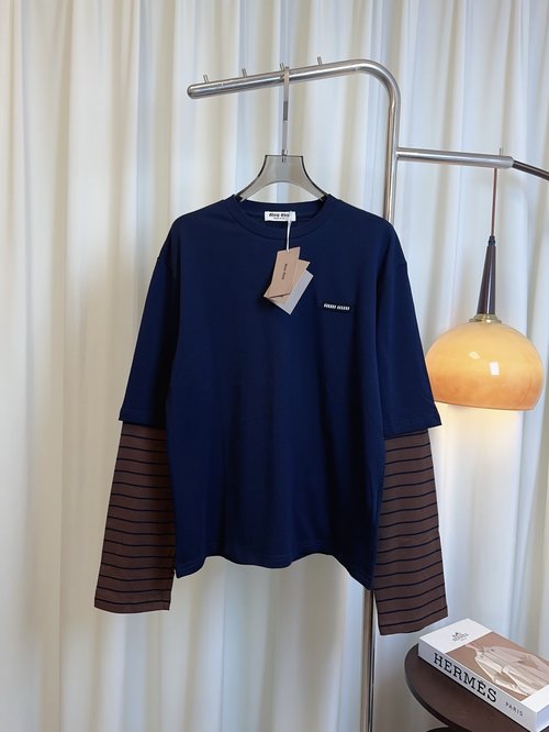 Miu Miu Fake Two-piece Loose Long-sleeved T-shirt with Logo, Fashionable