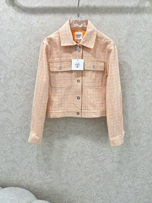 Hermes Checked Denim Jacket with Engraved Button and Leather Sign