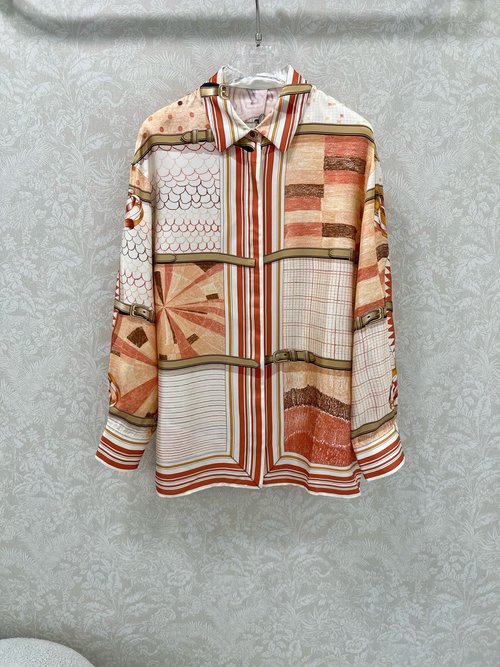Hermes Palefroi Remix Pattern Printed Silk Shirt with Elegant Collar