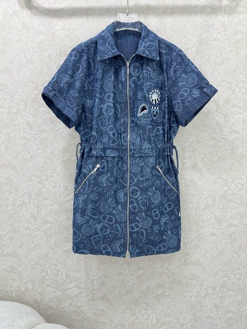 Hermes Custom Denim Dress with Embroidered Badge and Zipper Waist