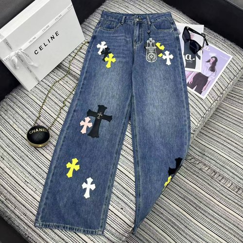 Chrome Hearts Recommended Leather Cross-Designed Straight-Leg Jeans with Good Wash