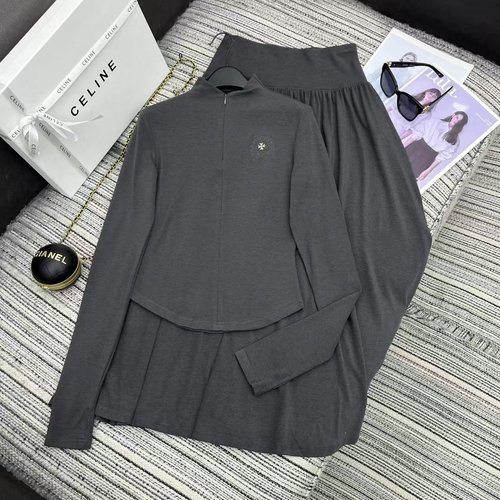 Chrome Hearts Recommended Zip Collar Long-Sleeve Top and Skirt Set with Embroidered Cross