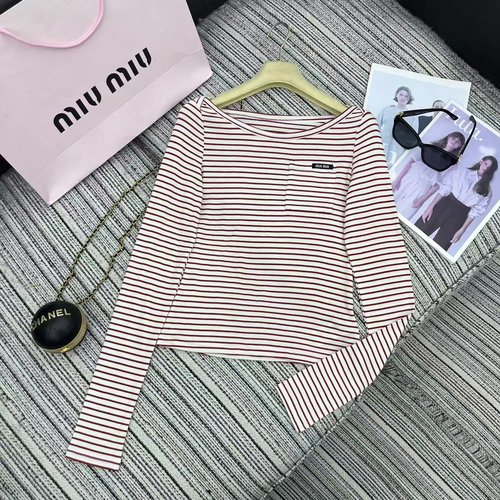 Miu Miu Recommended Striped Long-Sleeve Top with Letter Decoration