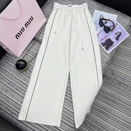 Miu Miu Recommended Miu Series Letter Embroidery High-waisted Wide-leg Pants, Three Colors