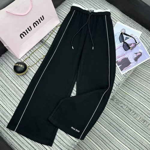 Miu Miu Recommended Miu Series Letter Embroidery High-waisted Wide-leg Pants, Three Colors