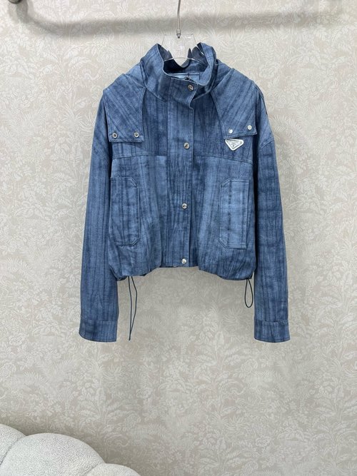 Prada Classic Triangular Logo Decorated Denim Jacket with Vintage Wash