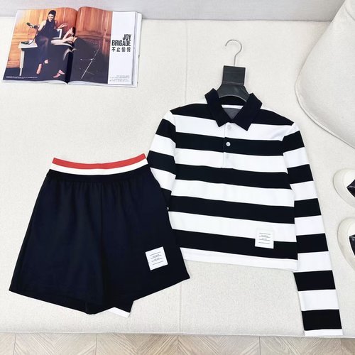 Thom Browne Comfortable Striped Polo Shirt and High-Waisted Shorts Set