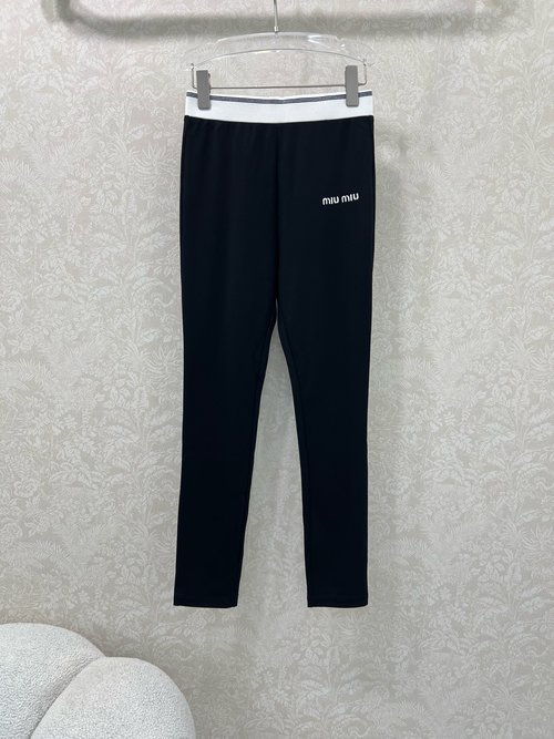 Miu Miu Solid Black Compression Leggings with Color-block Waist and Letter Embroidery