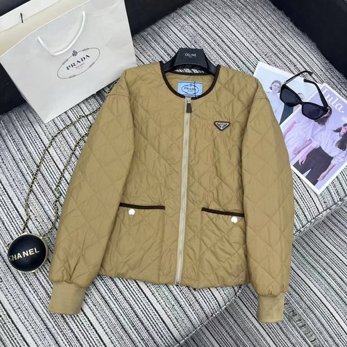 Prada Caramel Diamond Quilted Round Neck Cotton Coat, Exclusive Design