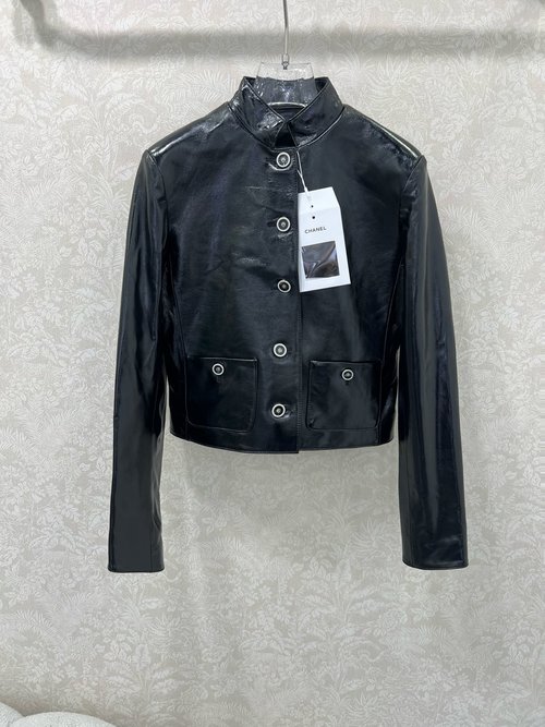 Chanel Handmade Leather Jacket with Pearl Buttons and Pocket Design