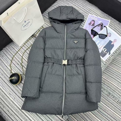 Prada Long Padded Jacket with Inverted Triangle Logo, Filled with 90% White Goose Down