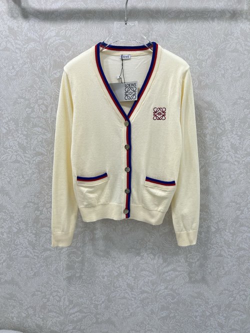 Loewe V-Neck Knit Cardigan with Logo Embroidery and Color Blocking