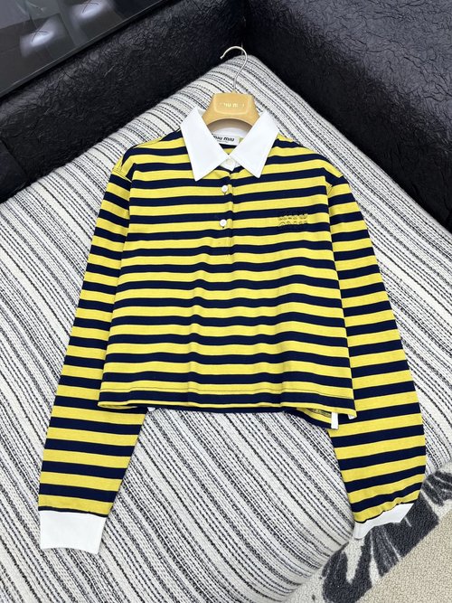 Miu Miu Short-Sleeved Striped T-Shirt with Contrast Design and Logo