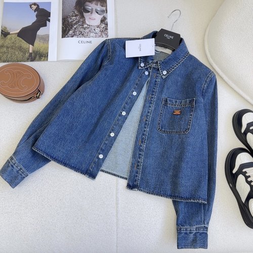 Celine Stylish Denim Short Shirt with Embroidered Logo