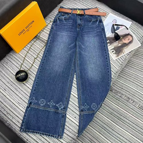 Louis Vuitton Logo Jacquard Denim Wide-Leg Pants with Custom Leather Belt
