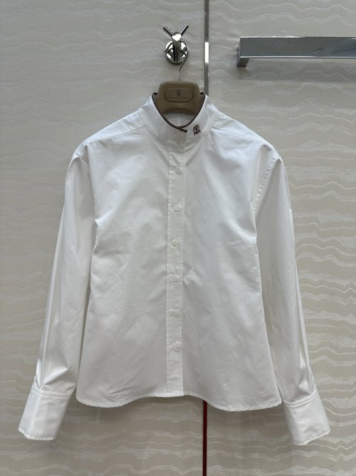Brunello Cucinelli French Elegant White Shirt with Collar Chain and Embroidered Badge
