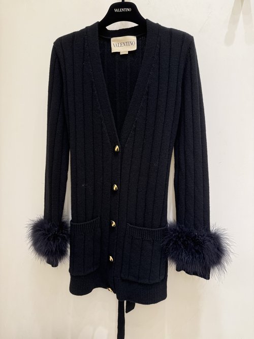 Valentino V-Neck Tailored Ostrich Feather Cardigan with Wool Material and Feather Cuffs