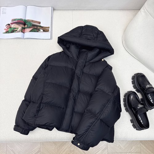 Max Mara Minimalist Short Hooded Down Jacket with Logo Emblem, Classic H-Cut Design